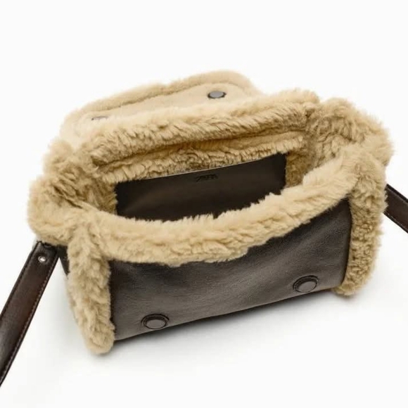Zara Shearling Trim Black Shoulder Bag - Picture 12 of 14